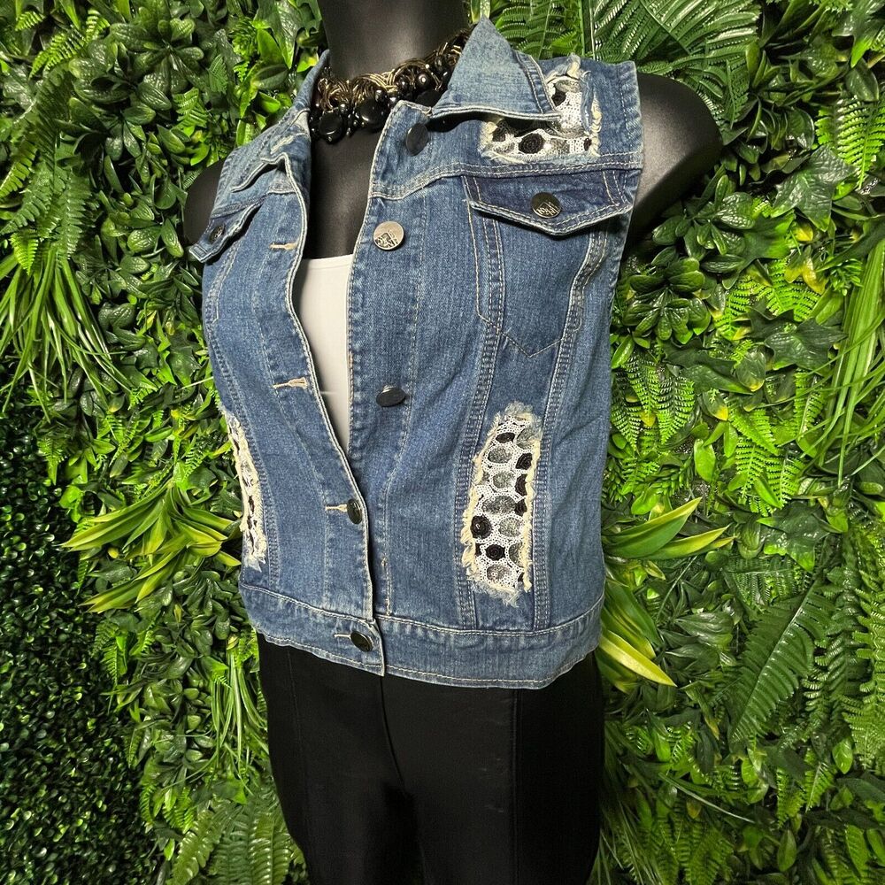 Women Vest Denim 1XL Blue Sequins Accent Polka Dots Waist Coat‎ BUZZ 1618 - Picture 6 of 7